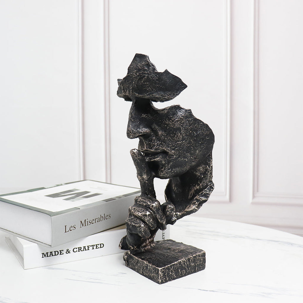 SOGA 31cm Black Resin Sculpture Silent Shush Face Design Modern Art for Home Decor