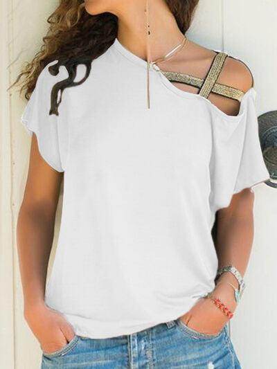 Asymmetrical Neck Short Sleeve T-Shirt for Women Fashion