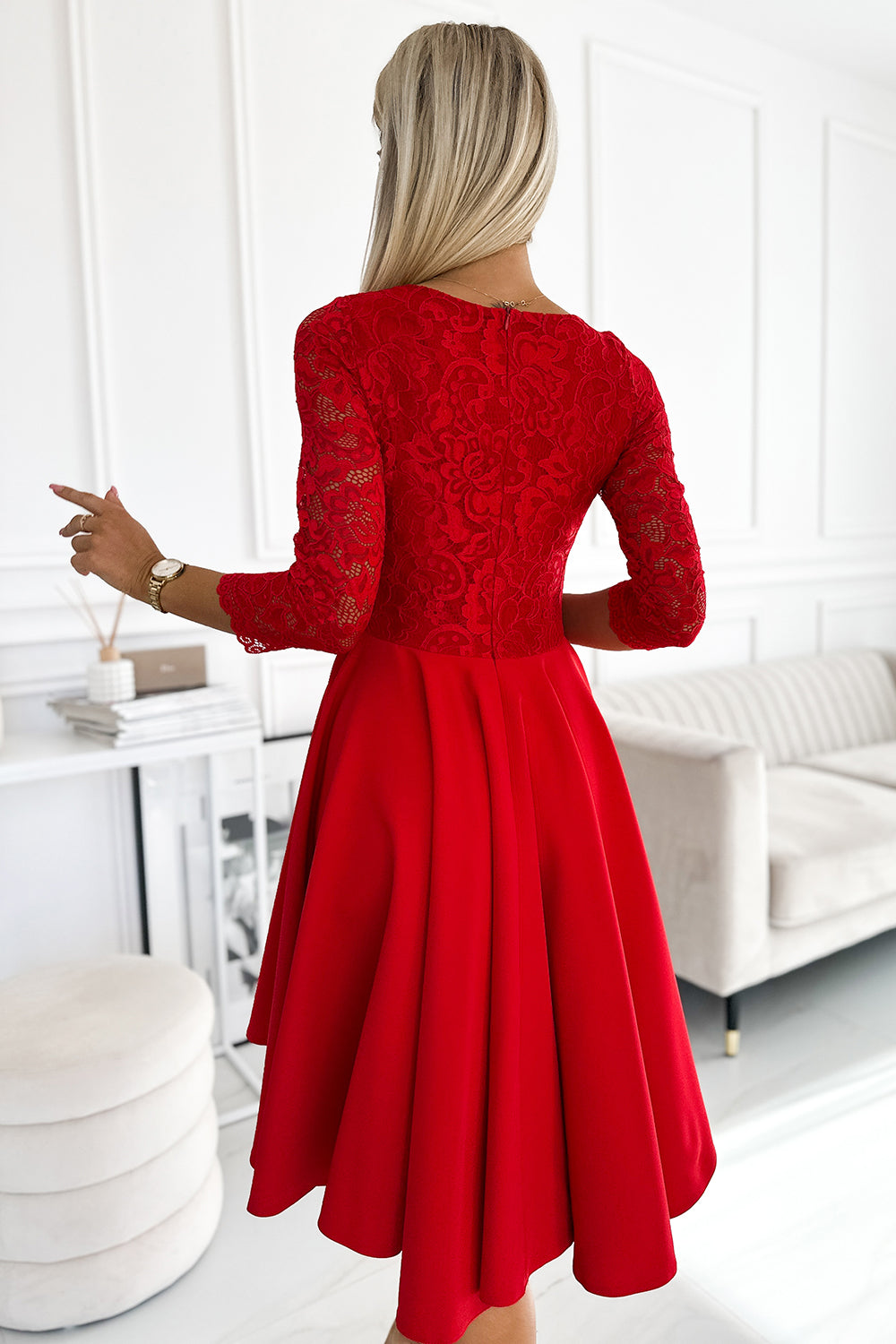 Numoco 210-16 NICOLLE - dress with lace neckline and longer back - red