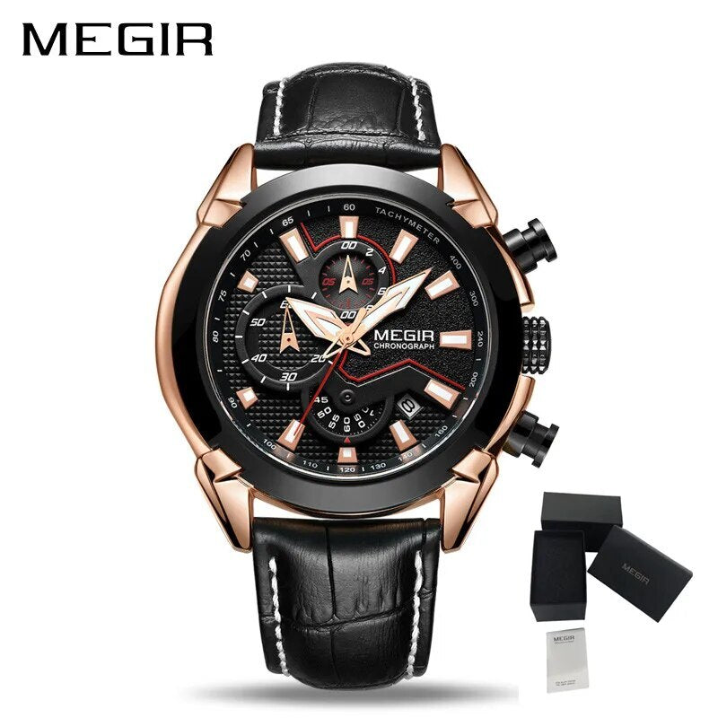 MEGIR Luxury Brand Military Sport Watches for Men Leather Strap Quartz Wristwatch Waterproof Date Chronograph Reloj Hombre 2065