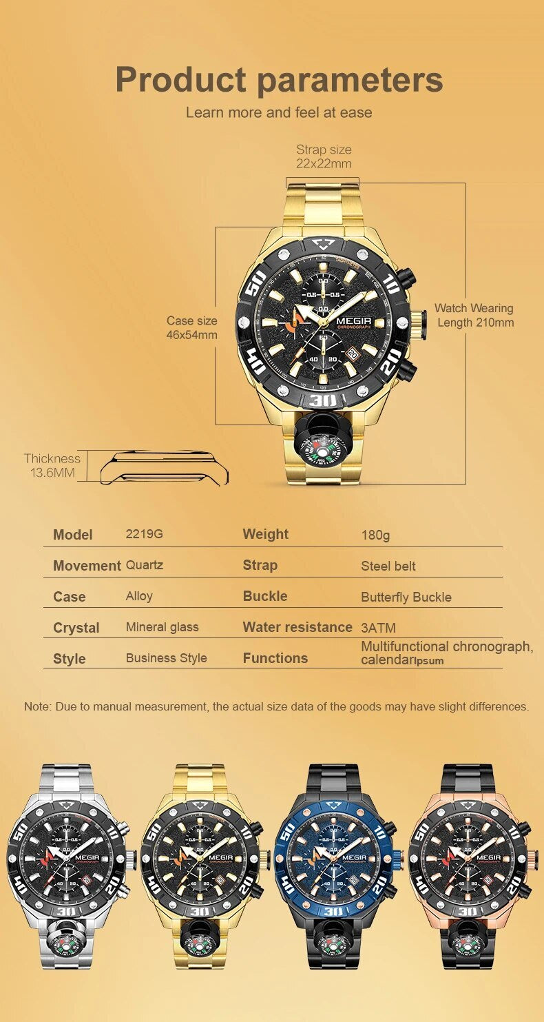 MEGIR Watch Top Brand Luxury Business Quartz Watches Chronograph Stainless Steel Calendar Luminous Clock WristWatch Montre Homme 2219
