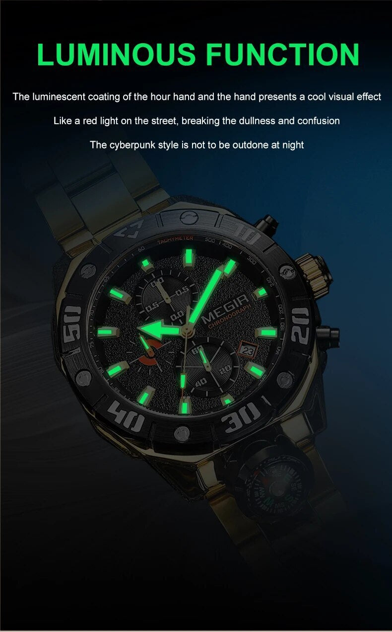MEGIR Watch Top Brand Luxury Business Quartz Watches Chronograph Stainless Steel Calendar Luminous Clock WristWatch Montre Homme 2219