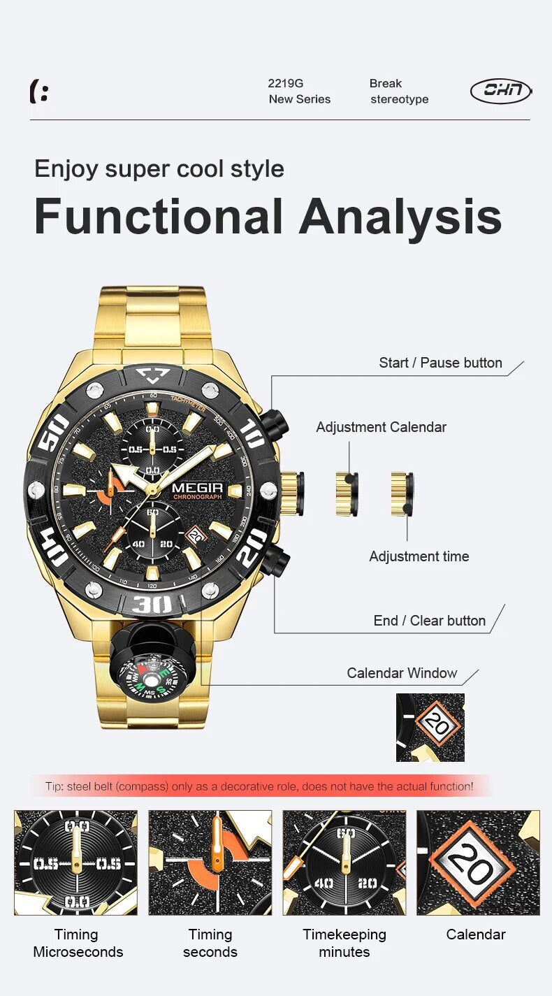 MEGIR Watch Top Brand Luxury Business Quartz Watches Chronograph Stainless Steel Calendar Luminous Clock WristWatch Montre Homme 2219