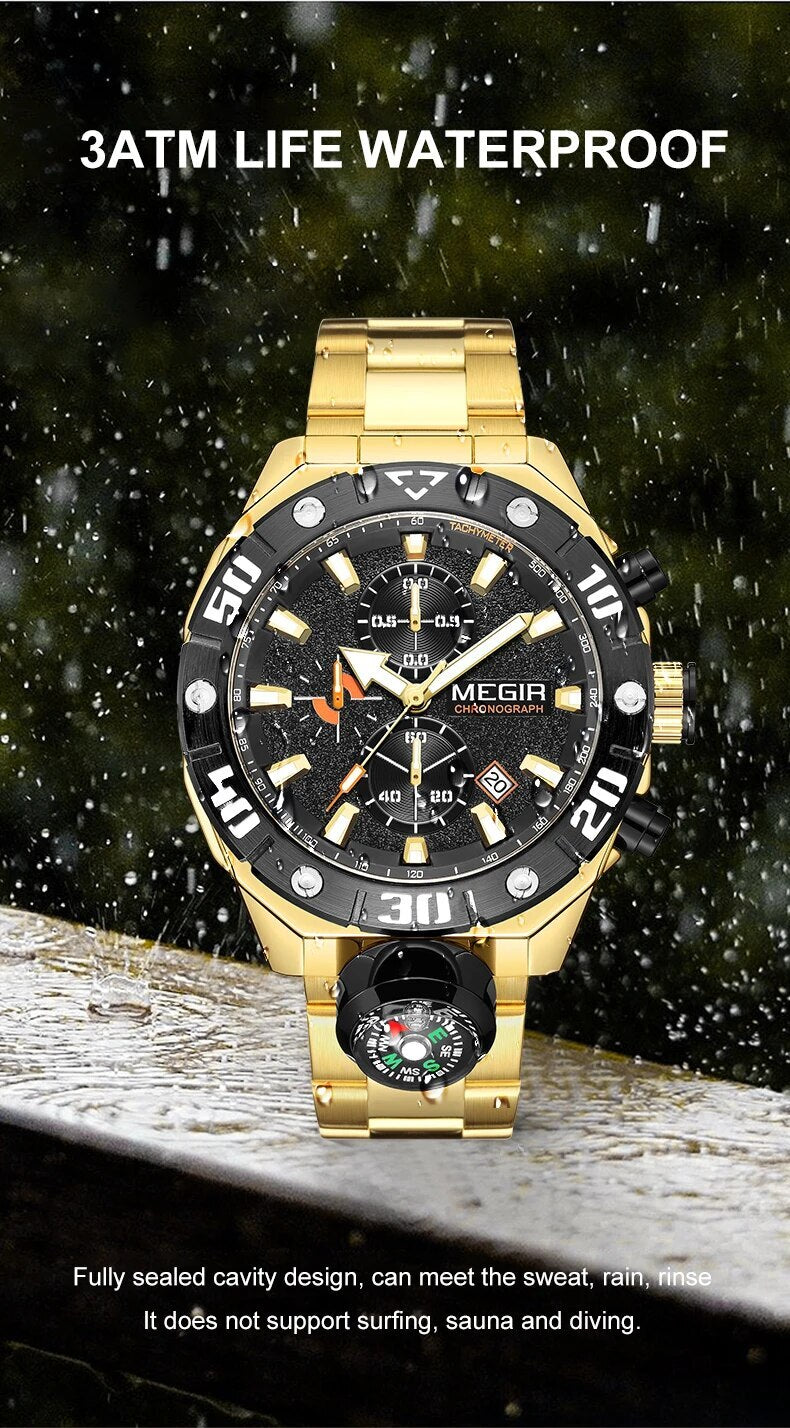 MEGIR Watch Top Brand Luxury Business Quartz Watches Chronograph Stainless Steel Calendar Luminous Clock WristWatch Montre Homme 2219