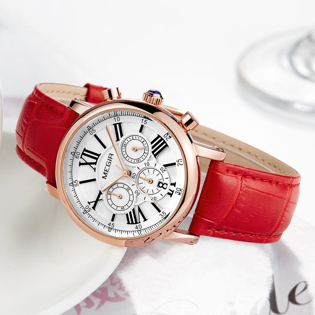 MEGIR Top Brand Quartz Watches for Women Leather Strap Ladies Casual Sport Wristwatch Chronograph Luxury Waterproof Female Clock 2058