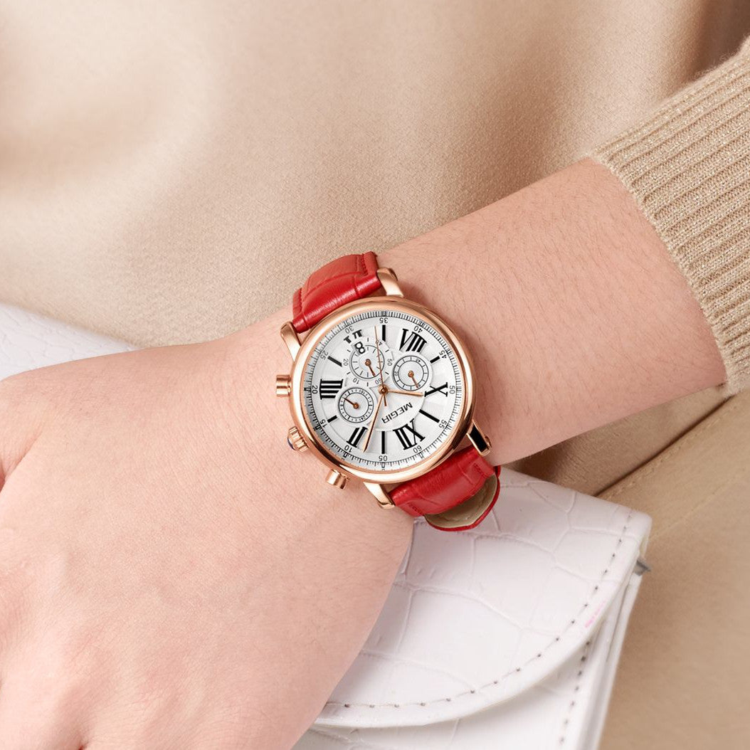 MEGIR Top Brand Quartz Watches for Women Leather Strap Ladies Casual Sport Wristwatch Chronograph Luxury Waterproof Female Clock 2058