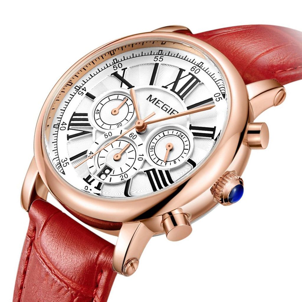 MEGIR Top Brand Quartz Watches for Women Leather Strap Ladies Casual Sport Wristwatch Chronograph Luxury Waterproof Female Clock 2058