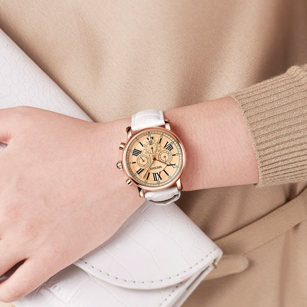 MEGIR Top Brand Quartz Watches for Women Leather Strap Ladies Casual Sport Wristwatch Chronograph Luxury Waterproof Female Clock 2058