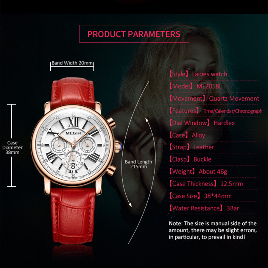 MEGIR Top Brand Quartz Watches for Women Leather Strap Ladies Casual Sport Wristwatch Chronograph Luxury Waterproof Female Clock 2058