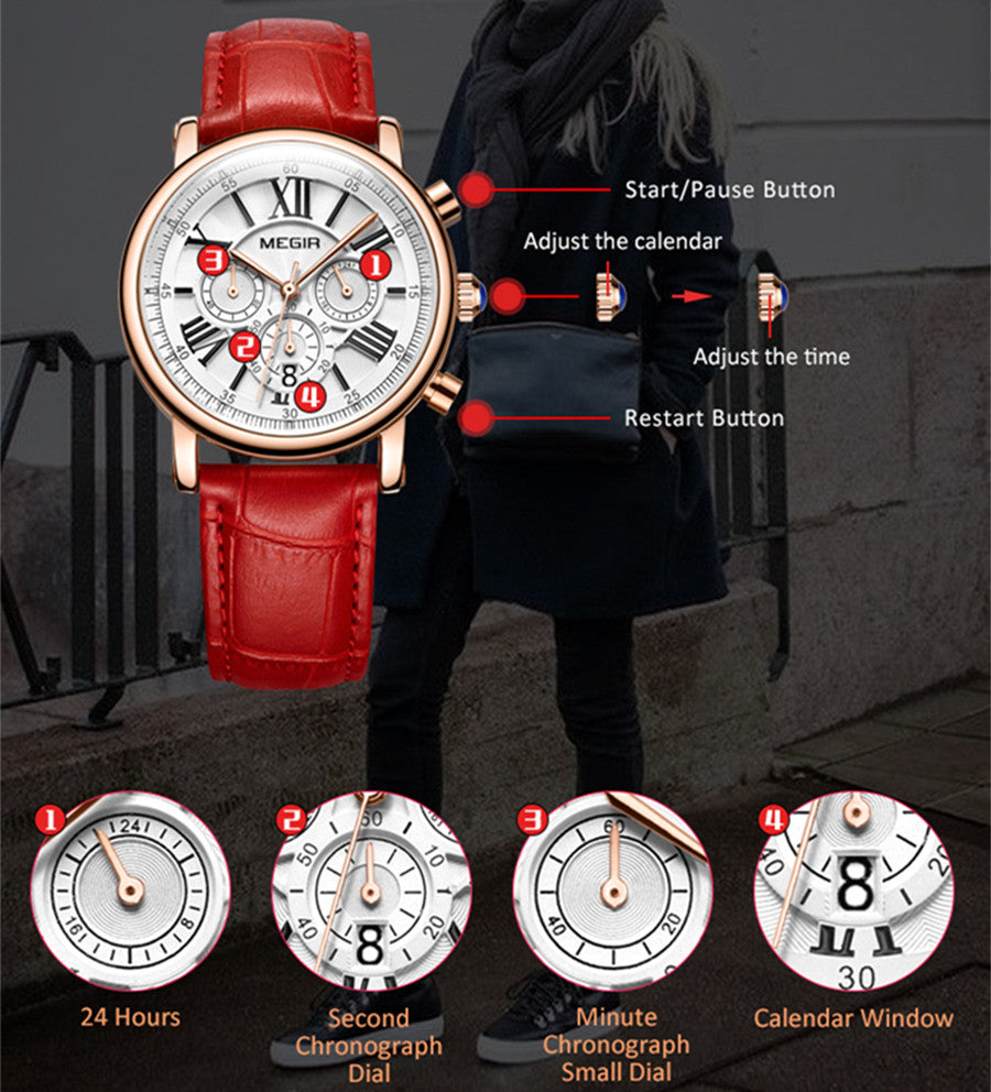 MEGIR Top Brand Quartz Watches for Women Leather Strap Ladies Casual Sport Wristwatch Chronograph Luxury Waterproof Female Clock 2058