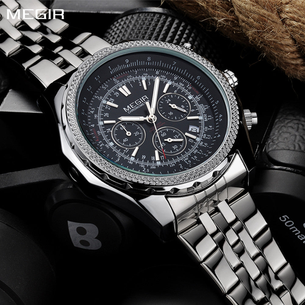 MEGIR Fashion Business Men's Watch Stainless Steel Quartz Wristwatch Calendar Big Dial Man Military Sports Chronograph Clock 2006-0