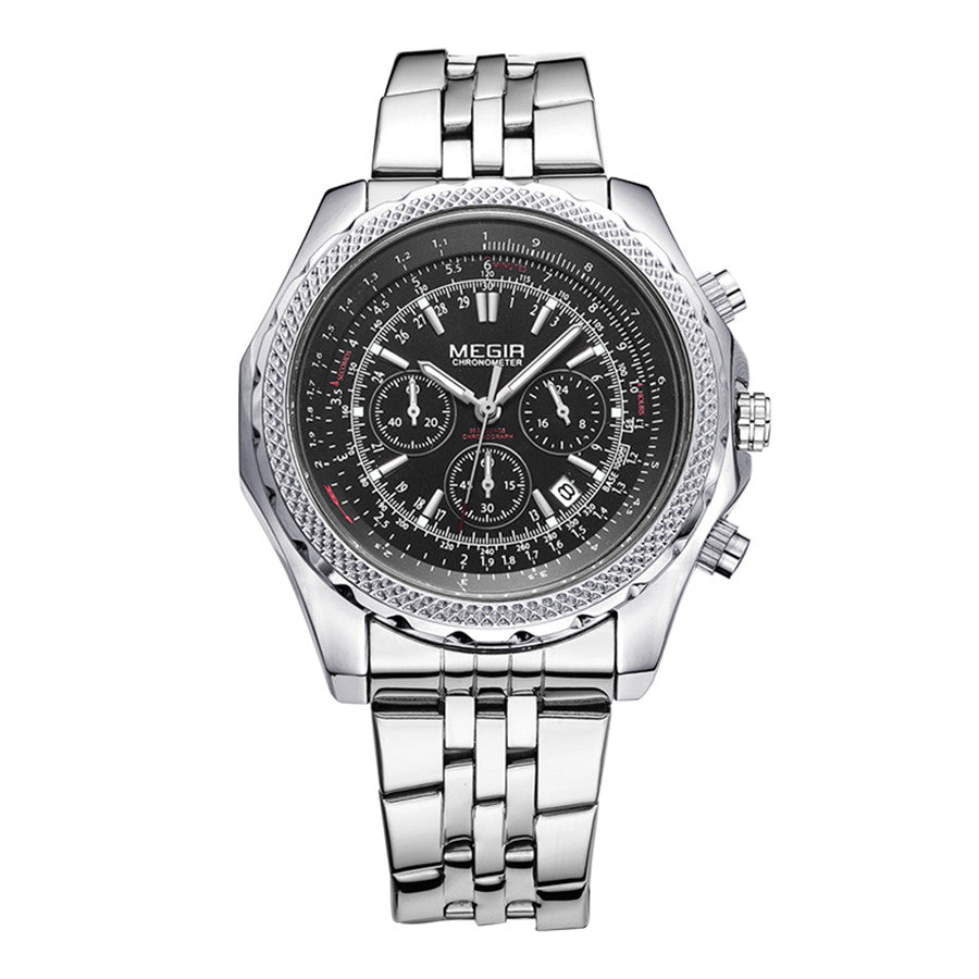 MEGIR Fashion Business Men's Watch Stainless Steel Quartz Wristwatch Calendar Big Dial Man Military Sports Chronograph Clock 2006-6