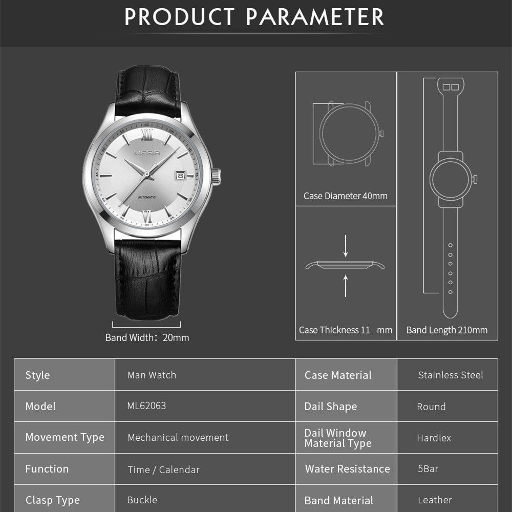 MEGIR Original Brand Men's Watches Automatic Mechanical Watch 5Bar Waterproof Leather Luxury Wristwatch Clock Relogio Masculino 62063