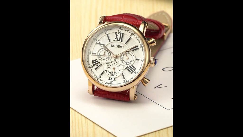 MEGIR Top Brand Quartz Watches for Women Leather Strap Ladies Casual Sport Wristwatch Chronograph Luxury Waterproof Female Clock 2058