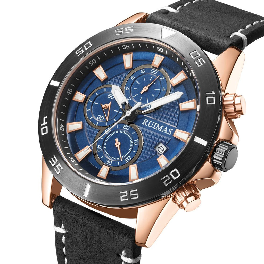 RUIMAS Luxury Brand Mens Watches Quartz Leather Strap Wristwatch Waterproof Clock Sports Large Dial Watch Auto Date Montre Homme 572