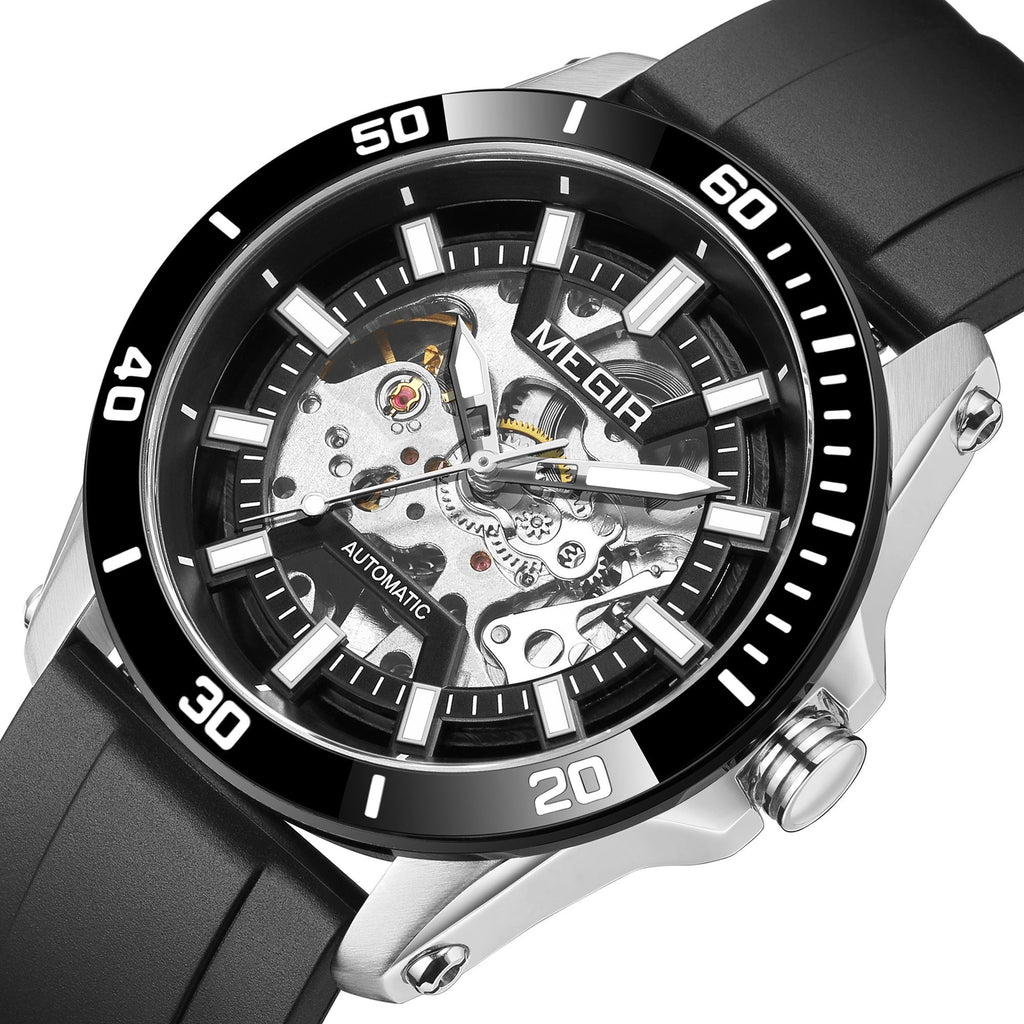 MEGIR Fashion Hollow Out Mechanical Watch for Men Stainless Steel Case Sapphire Full Automatic Wristwatch Relogio Masculino 8605
