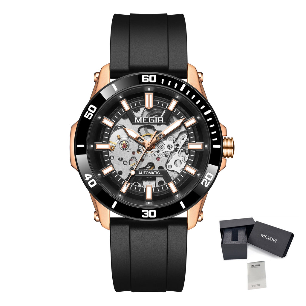 MEGIR Fashion Hollow Out Mechanical Watch for Men Stainless Steel Case Sapphire Full Automatic Wristwatch Relogio Masculino 8605