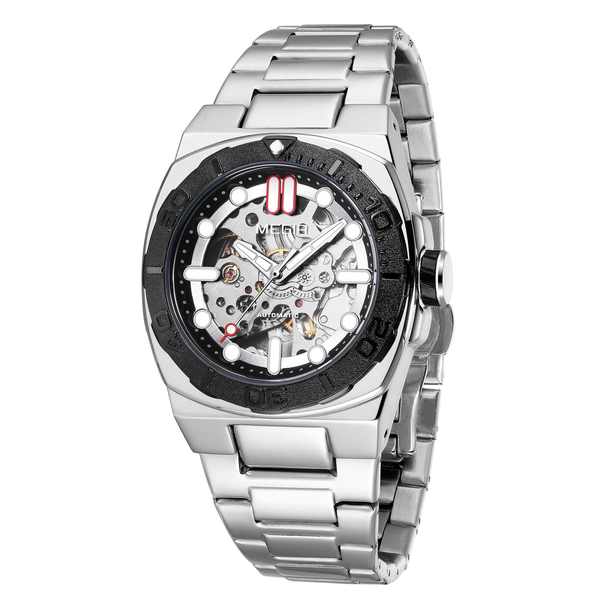 MEGIR Skeleton Dial Mechanical Watches for Men Luxury Business Wristwatch Stainless Steel Waterproof Automatic Watch Clock 8606