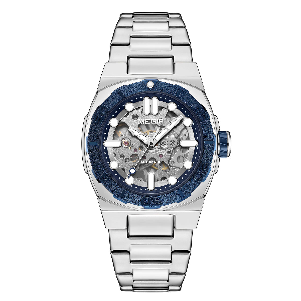 MEGIR Skeleton Dial Mechanical Watches for Men Luxury Business Wristwatch Stainless Steel Waterproof Automatic Watch Clock 8606