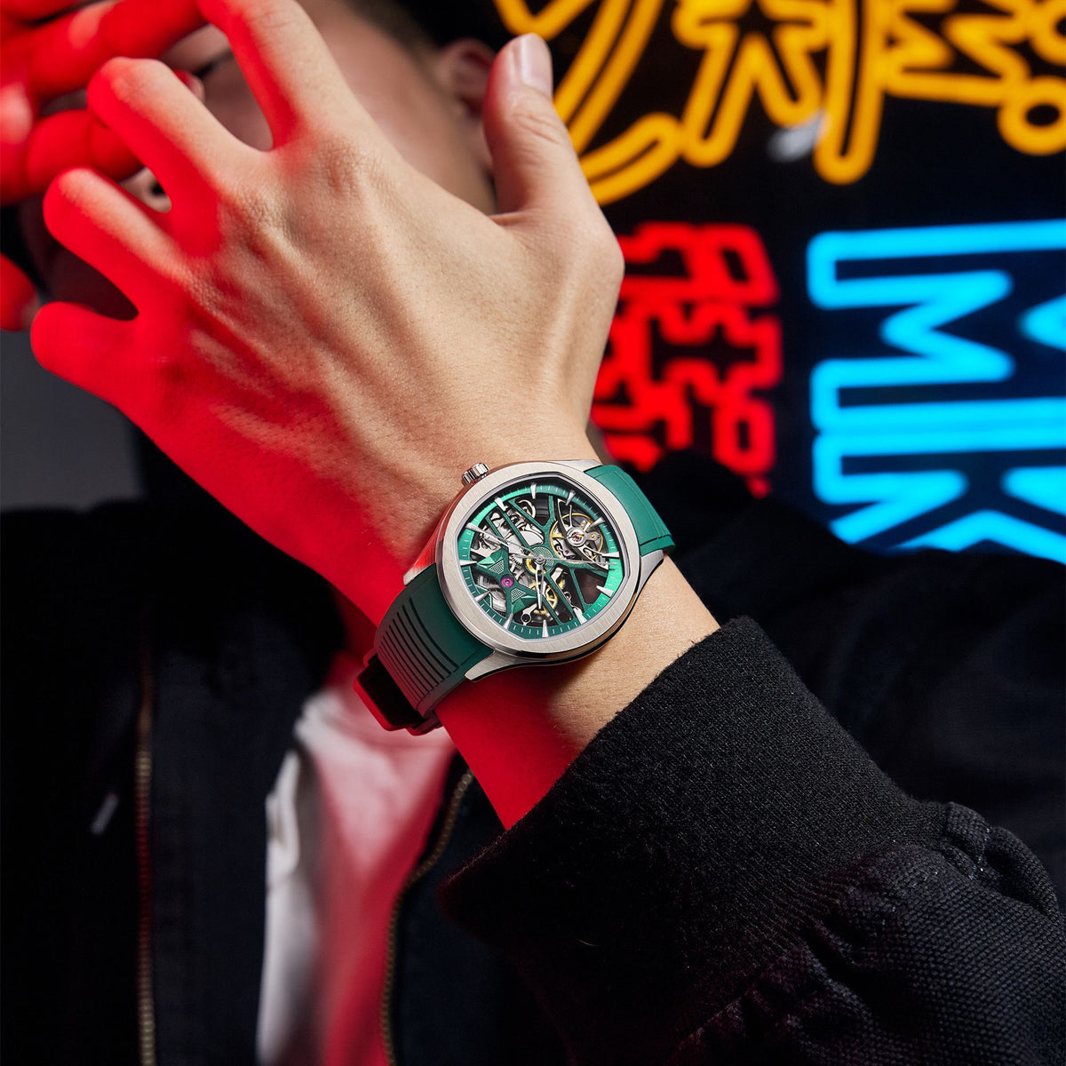 MEGIR Fashion Sport Watches for Men Skeleton Dial Automatic Mechanical Movement Wristwatch Waterproof Clock Reloj Hombre 9204-5