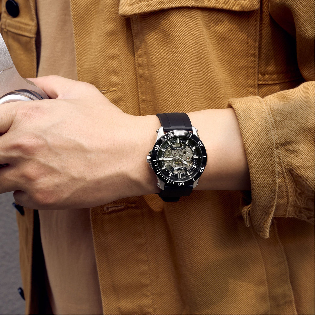 MEGIR Fashion Hollow Out Mechanical Watch for Men Stainless Steel Case Sapphire Full Automatic Wristwatch Relogio Masculino 8605