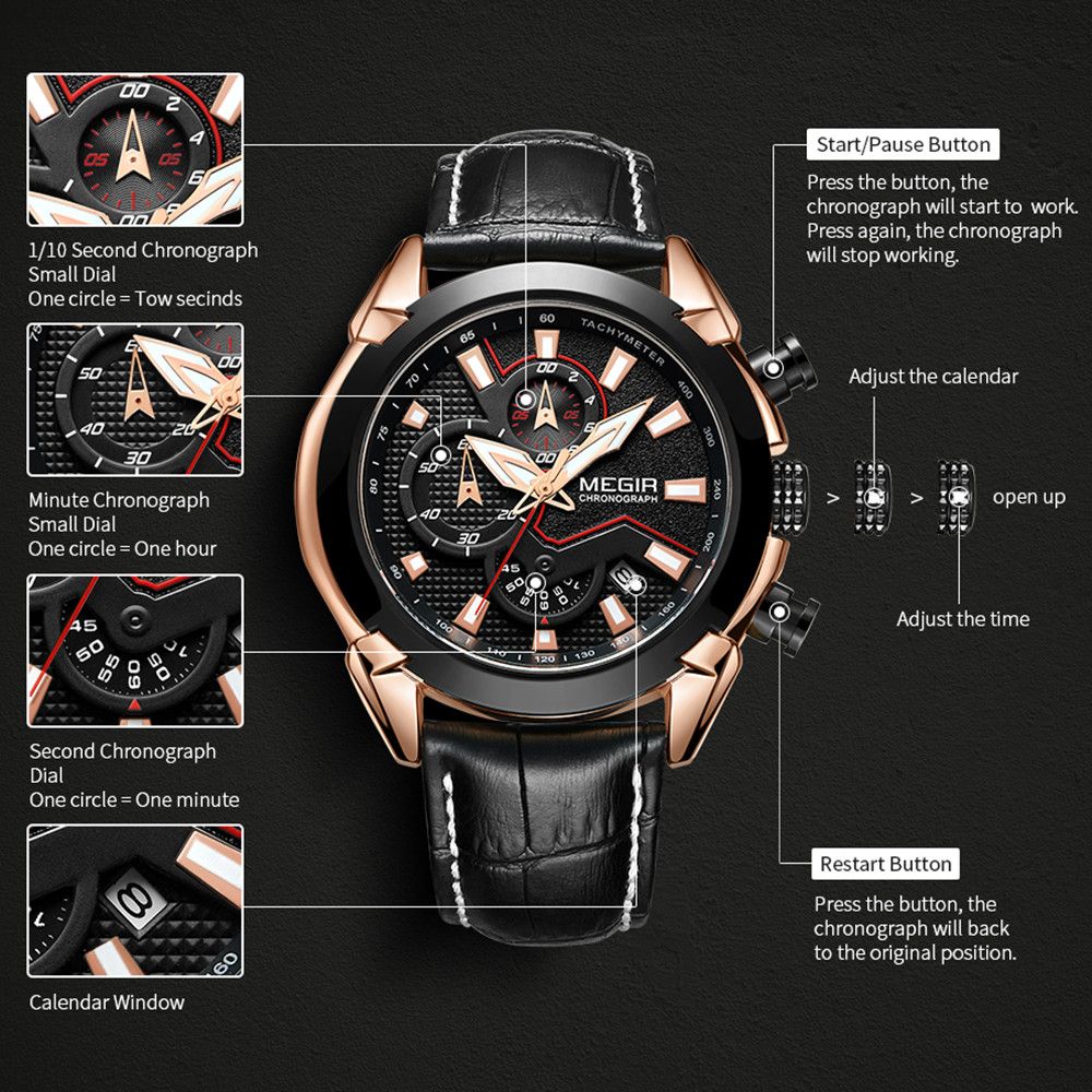 MEGIR Luxury Brand Military Sport Watches for Men Leather Strap Quartz Wristwatch Waterproof Date Chronograph Reloj Hombre 2065