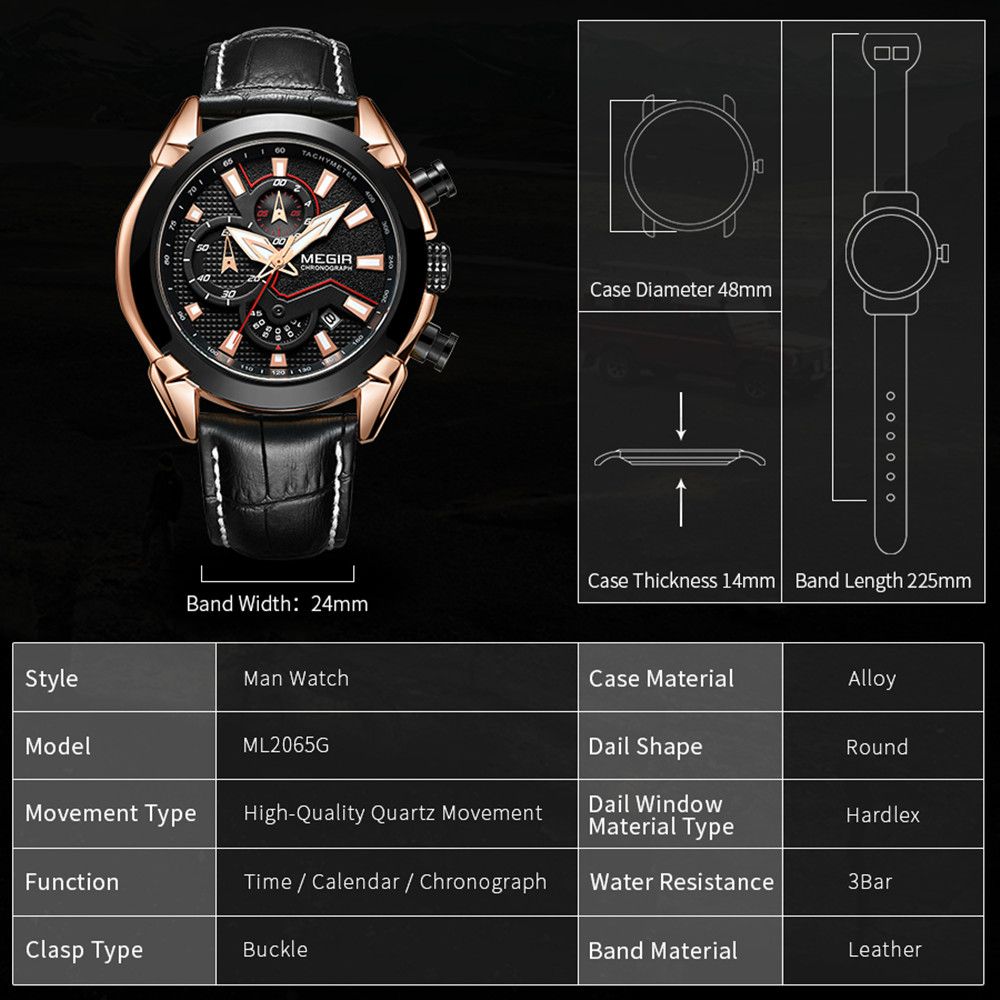 MEGIR Luxury Brand Military Sport Watches for Men Leather Strap Quartz Wristwatch Waterproof Date Chronograph Reloj Hombre 2065