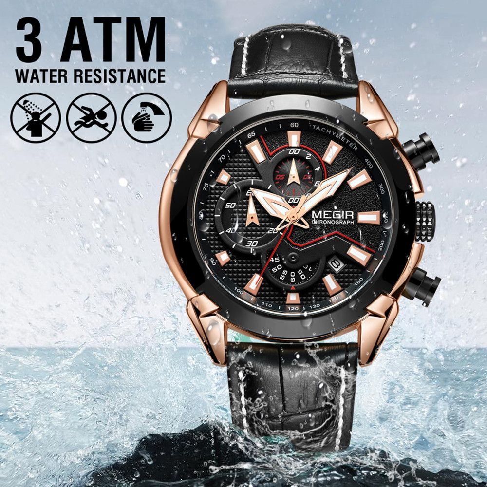 MEGIR Luxury Brand Military Sport Watches for Men Leather Strap Quartz Wristwatch Waterproof Date Chronograph Reloj Hombre 2065