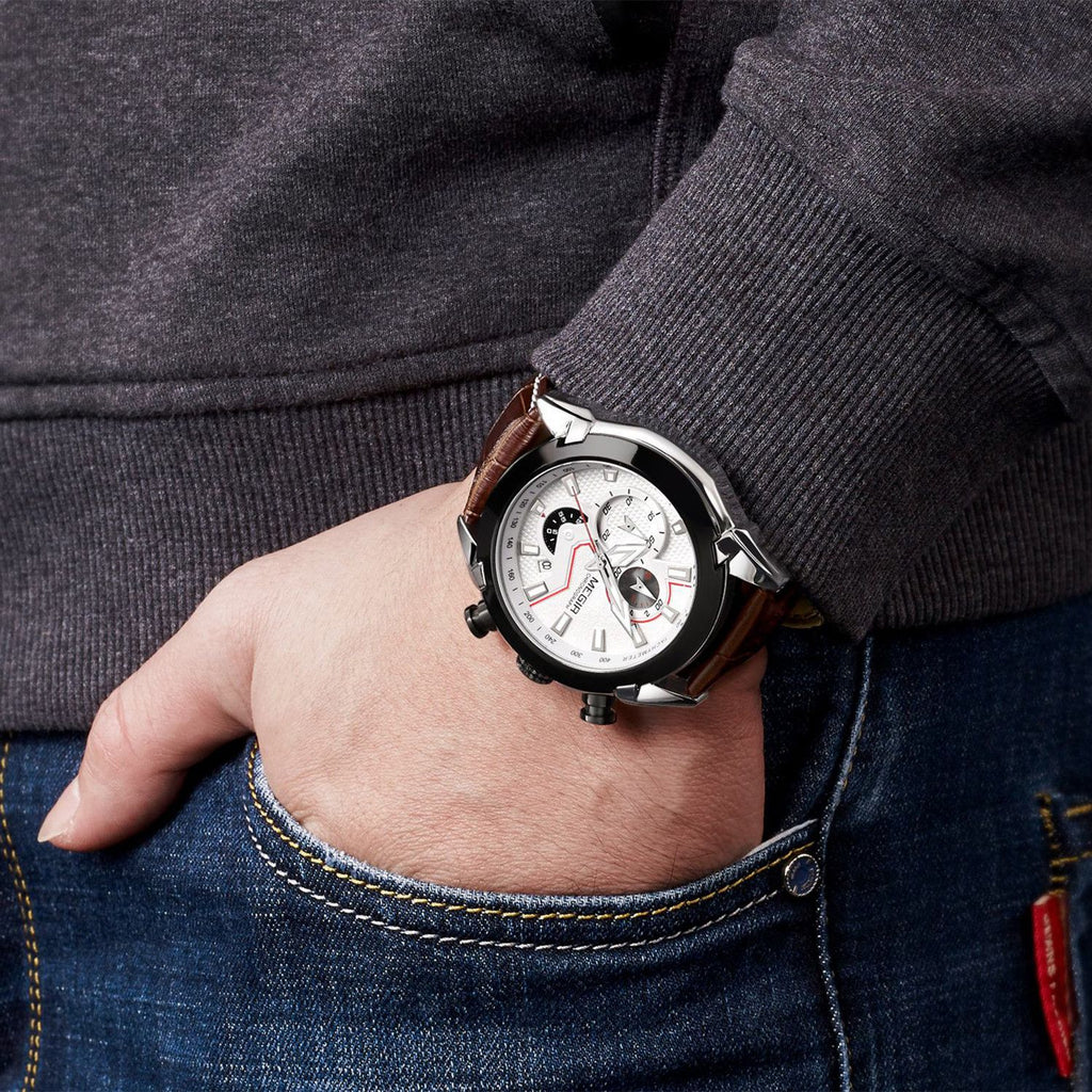 MEGIR Luxury Brand Military Sport Watches for Men Leather Strap Quartz Wristwatch Waterproof Date Chronograph Reloj Hombre 2065
