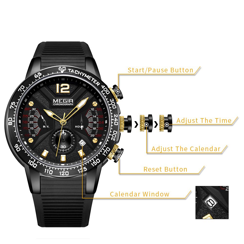 MEGIR Silicone Strap Quartz Military Watches for Men Fashion Sport Wristwatch Clock Big Dial Watch Chronograph Montre Homme 2106