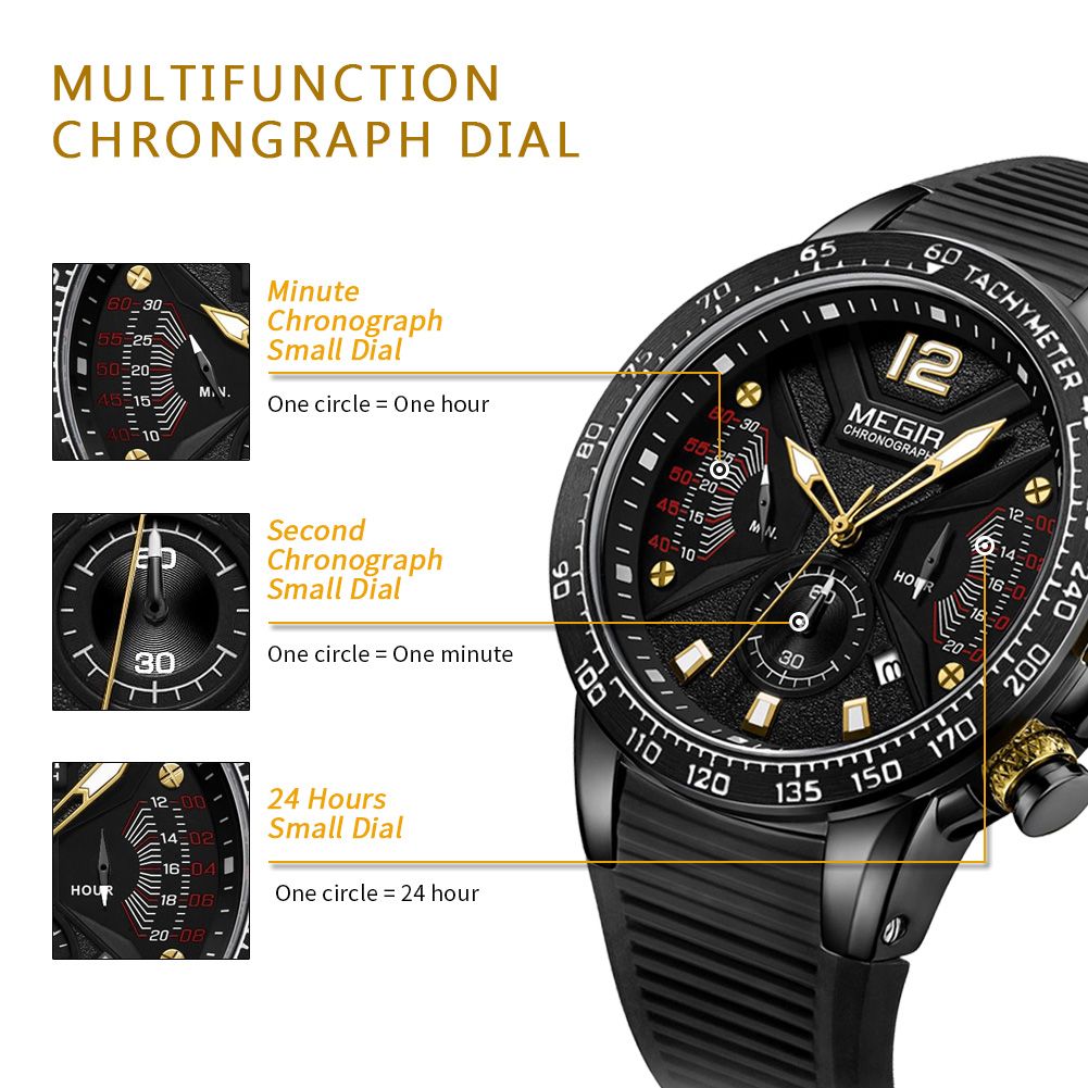 MEGIR Silicone Strap Quartz Military Watches for Men Fashion Sport Wristwatch Clock Big Dial Watch Chronograph Montre Homme 2106