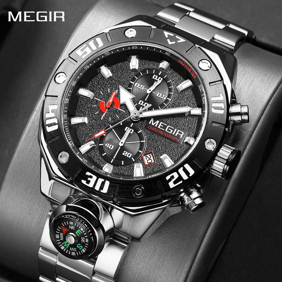 MEGIR Watch Top Brand Luxury Business Quartz Watches Chronograph Stainless Steel Calendar Luminous Clock WristWatch Montre Homme 2219