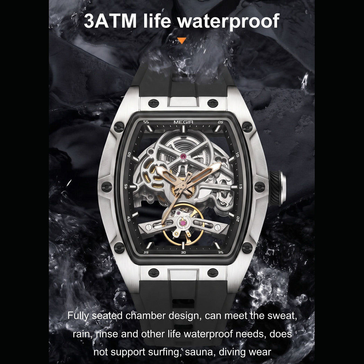 MEGIR Original Fashion Men Watches Automatic Mechanical Watch Steel Case Sport Skeleton Dial Wristwatch Waterproof Clock Reloj Hombre 2242