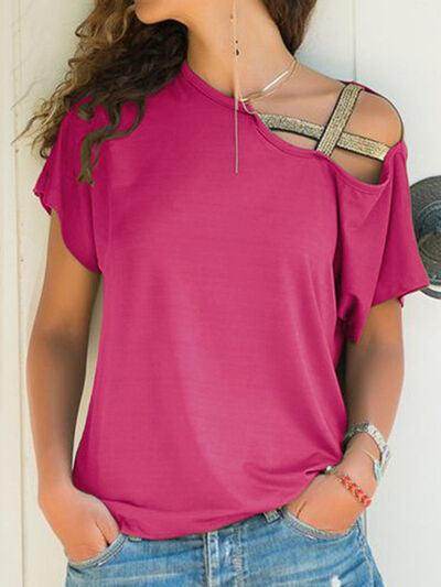 Asymmetrical Neck Short Sleeve T-Shirt for Women Fashion