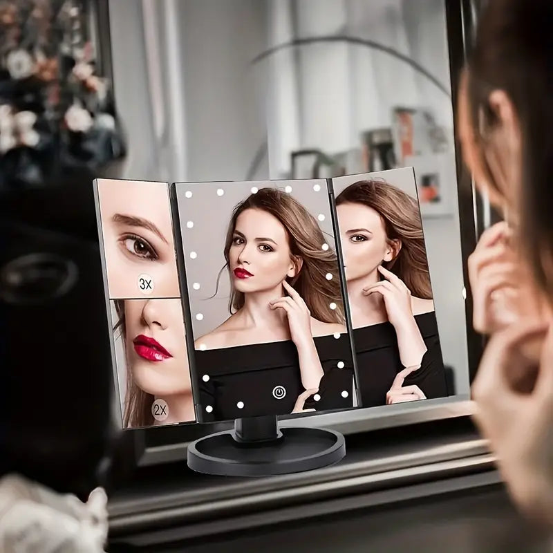 LED Lights 2X 3X Magnification Lighted Makeup Mirror,  Touch Control, Trifold Makeup Mirror, Rechargeable and dimmable light