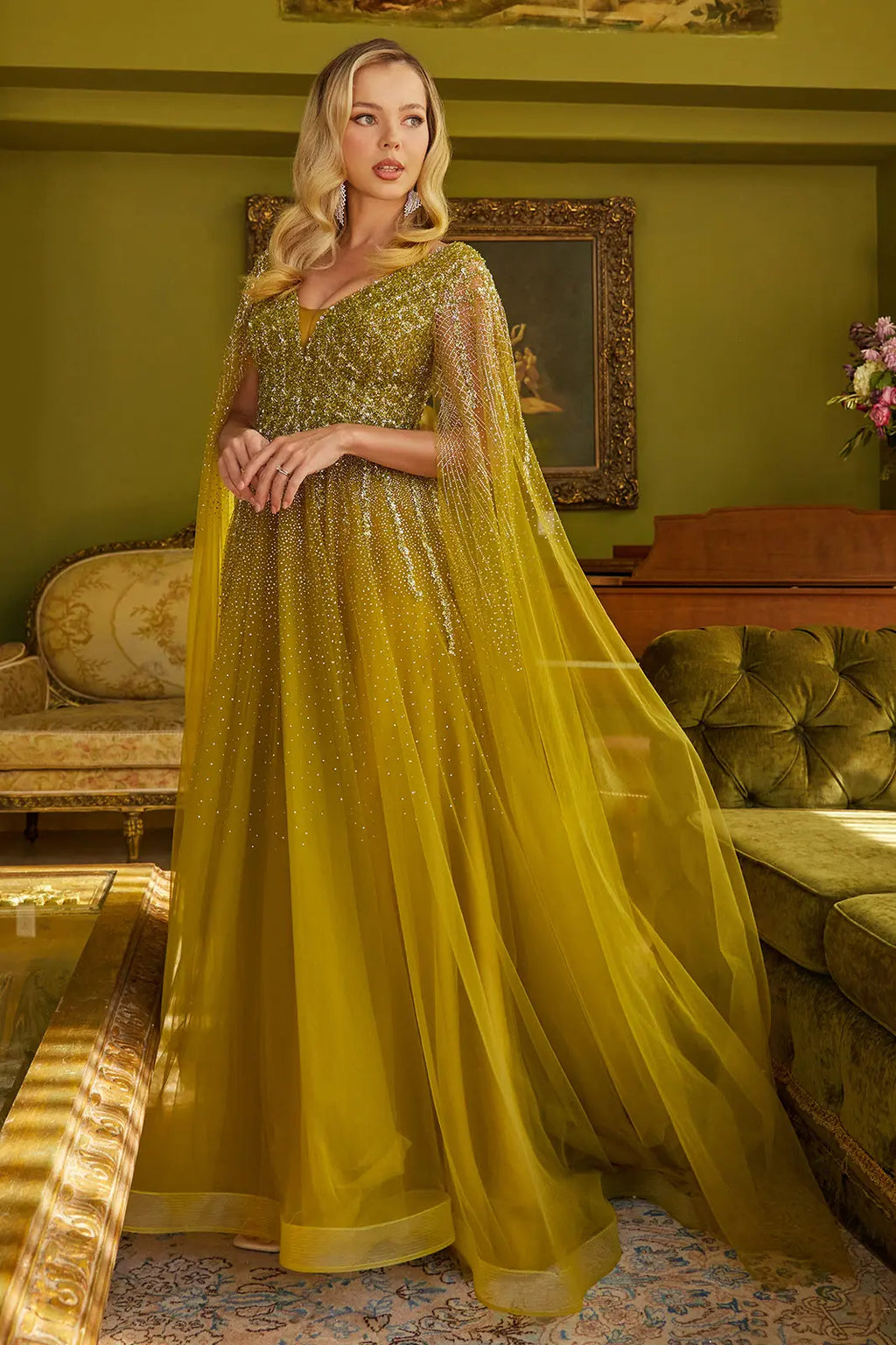 Sparkle beads embellished bodice v neck mesh gown with mesh cape sleeve GLGL3606