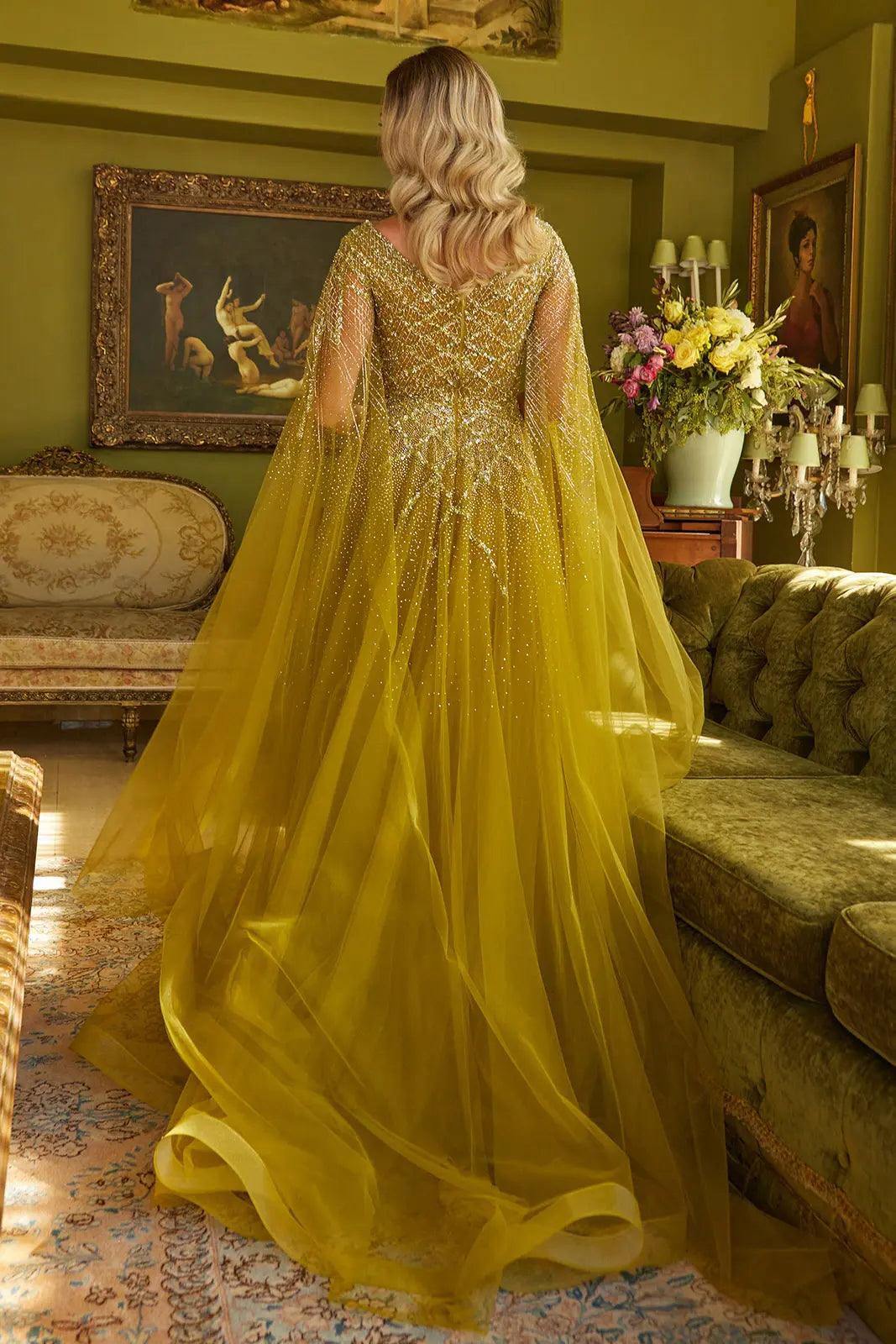 Sparkle beads embellished bodice v neck mesh gown with mesh cape sleeve GLGL3606