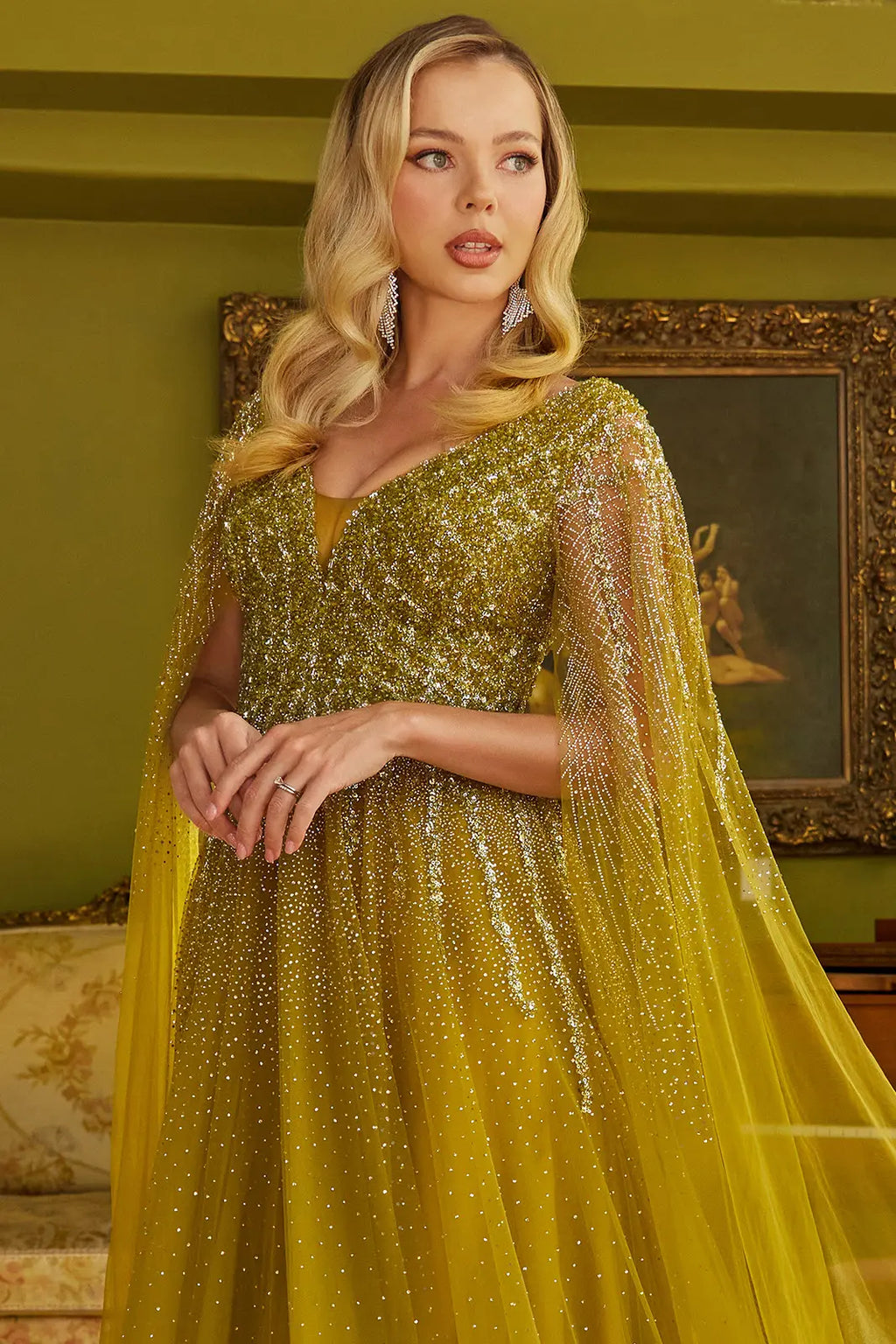 Sparkle beads embellished bodice v neck mesh gown with mesh cape sleeve GLGL3606