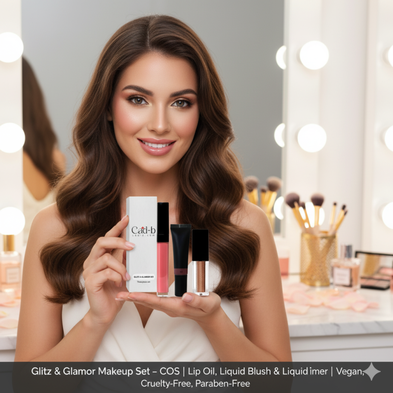 Glitz & Glamor Makeup Set – COS | Lip Oil, Liquid Blush & Liquid Shimmer | Vegan, Cruelty-Free, Paraben-Free