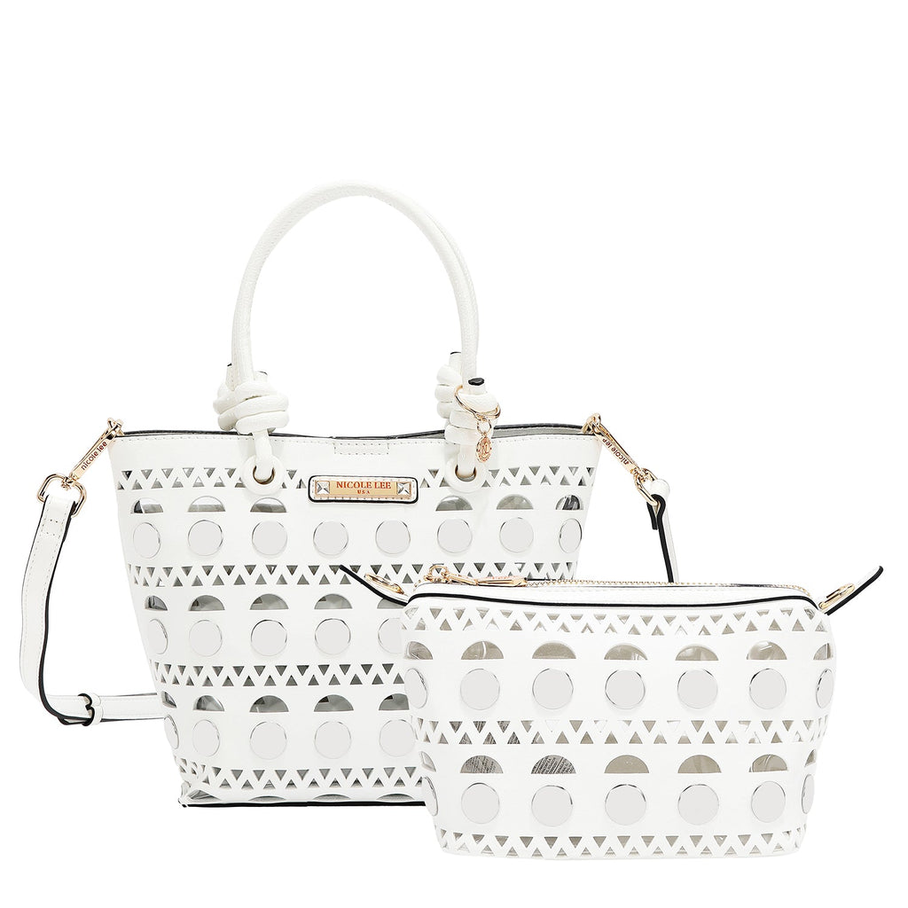 BOLSO DE CUBO DE 2 PIEZAS CON REMACHES PLATEADOS (BLANCO)