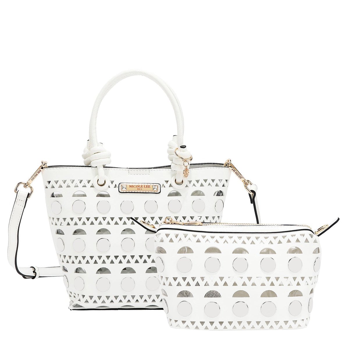 BOLSO DE CUBO DE 2 PIEZAS CON REMACHES PLATEADOS (BLANCO)