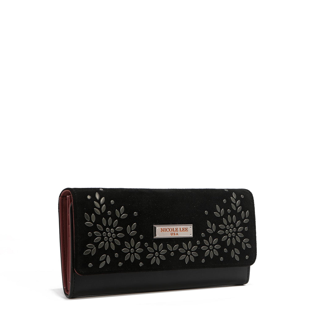 CARTERA LARGA TRIPLE CON DISEÑO FLORAL (NEGRO)