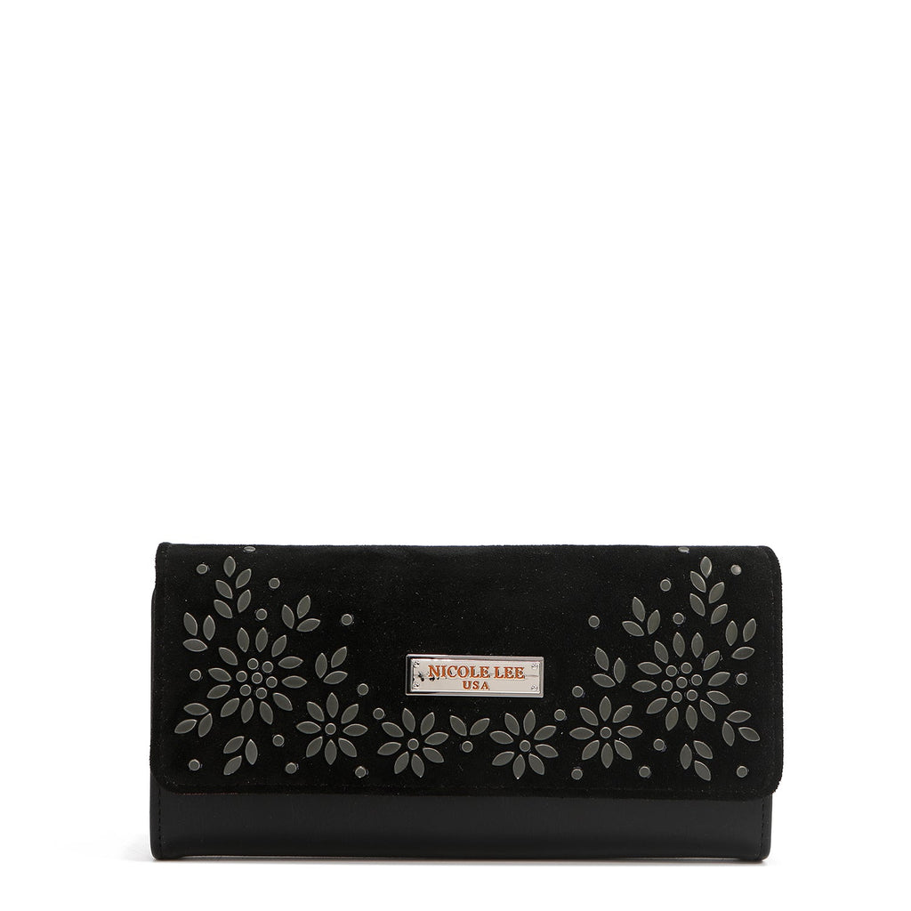 CARTERA LARGA TRIPLE CON DISEÑO FLORAL (NEGRO)