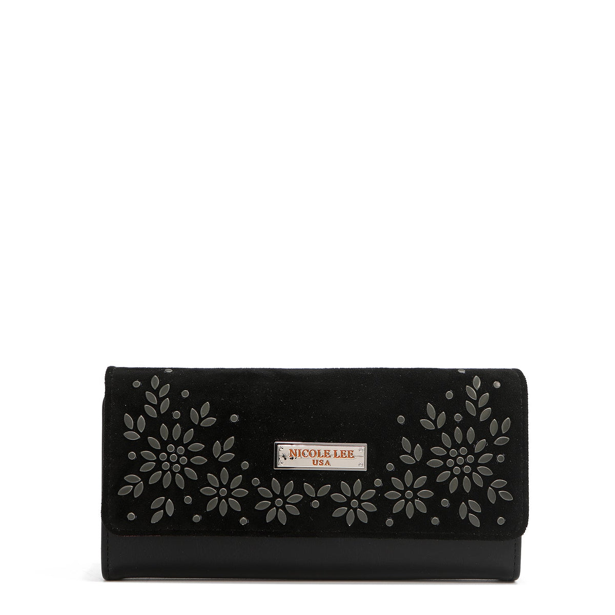 CARTERA LARGA TRIPLE CON DISEÑO FLORAL (NEGRO)
