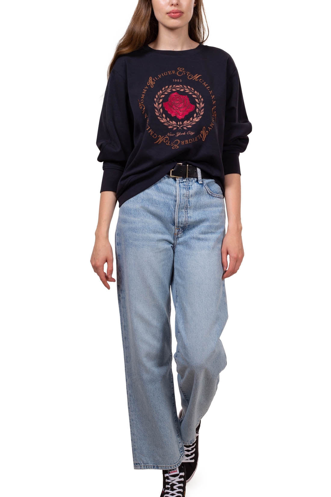 TOMMY HILFIGER - Women's relaxed sweatshirt with embroidered rose  - Size