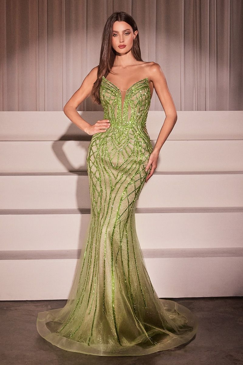 Strapless Crystals Embellished Mermaid Gown w/ Lace Up Back & V-Neckline CC6018