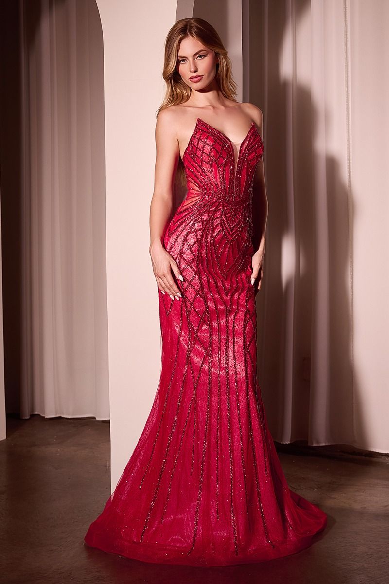 Strapless Crystals Embellished Mermaid Gown w/ Lace Up Back & V-Neckline CC6018