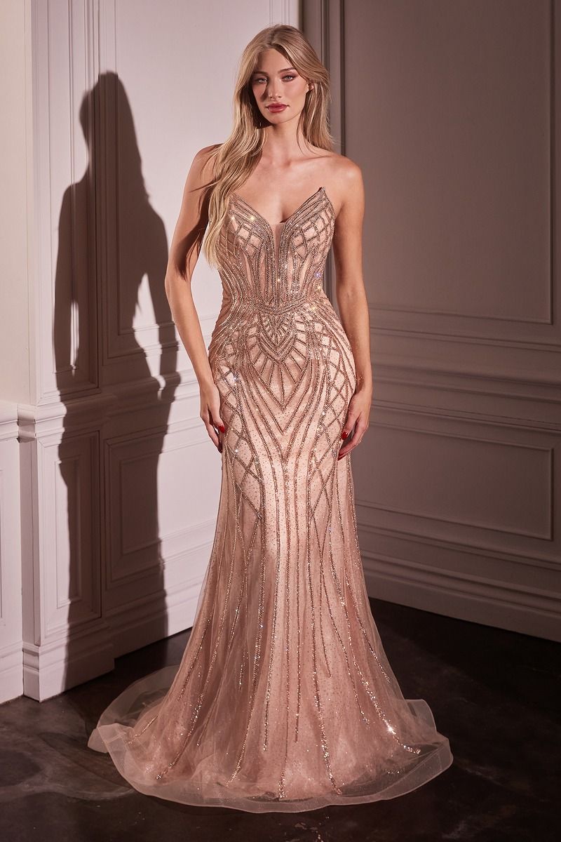 Strapless Crystals Embellished Mermaid Gown w/ Lace Up Back & V-Neckline CC6018