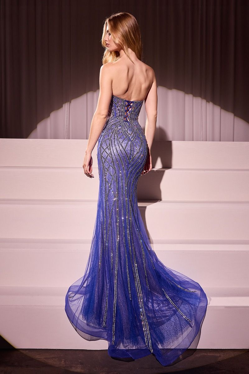 Strapless Crystals Embellished Mermaid Gown w/ Lace Up Back & V-Neckline CC6018