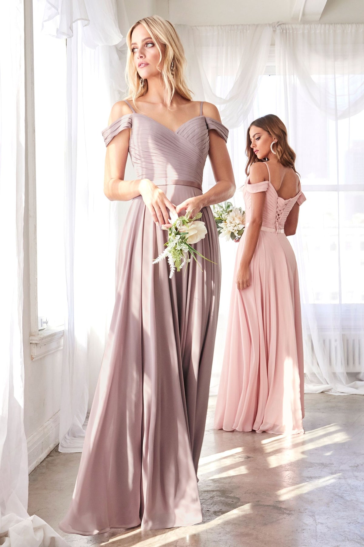 A-Line Chiffon Off Shoulder Corset Back Long Bridesmaid Dress CDCD0156